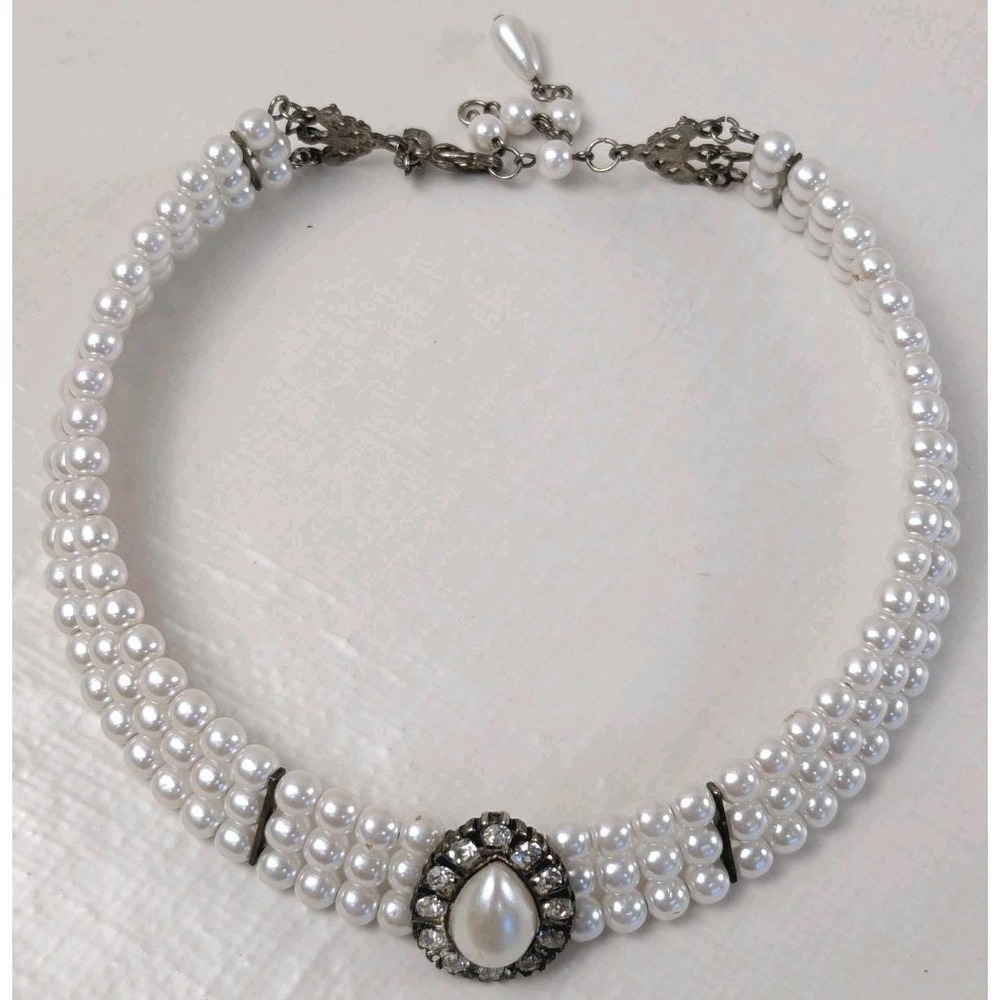 Vintage‎ Christina Collection Pearl Choker Triple Strand Rhinestone Bridal